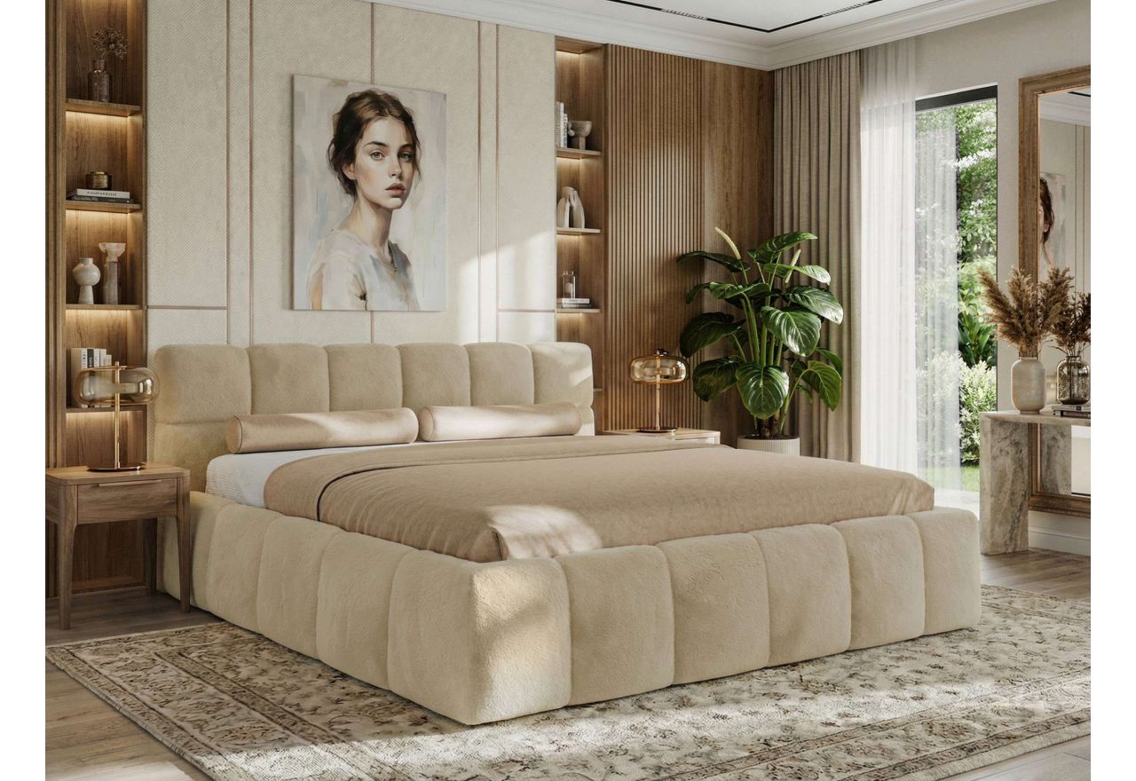 Łóżko tapicerowane NIRA CLASSIC 200x200 - materac piankowy - kremowy, plusz