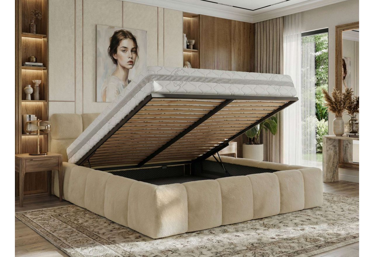 Łóżko tapicerowane NIRA CLASSIC 140x200 - materac multipocket - kremowy, plusz