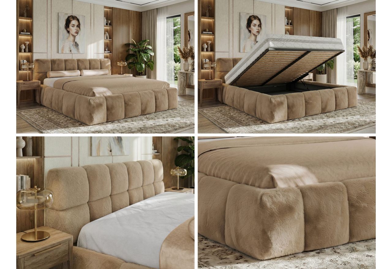 Łóżko tapicerowane NIRA CLASSIC 180x200 - materac multipocket - beżowy, plusz