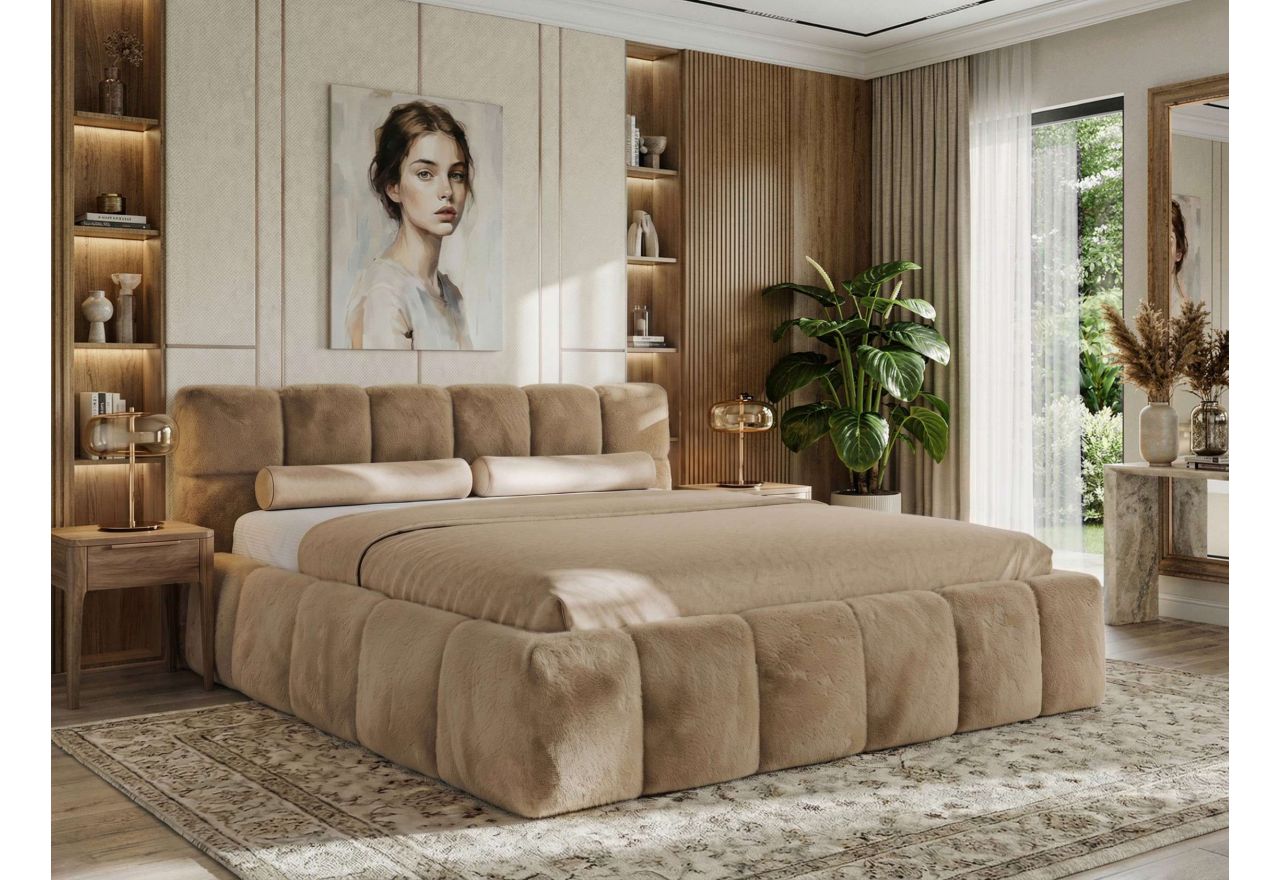 Łóżko tapicerowane NIRA CLASSIC 200x200 - materac multipocket - beżowy, plusz