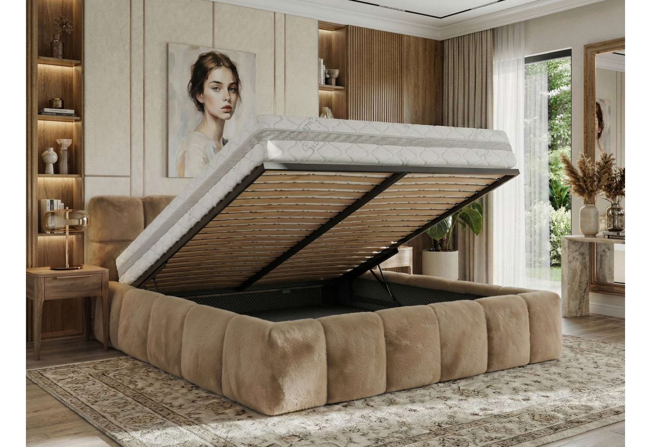 Łóżko tapicerowane NIRA CLASSIC 200x200 - materac multipocket - beżowy, plusz