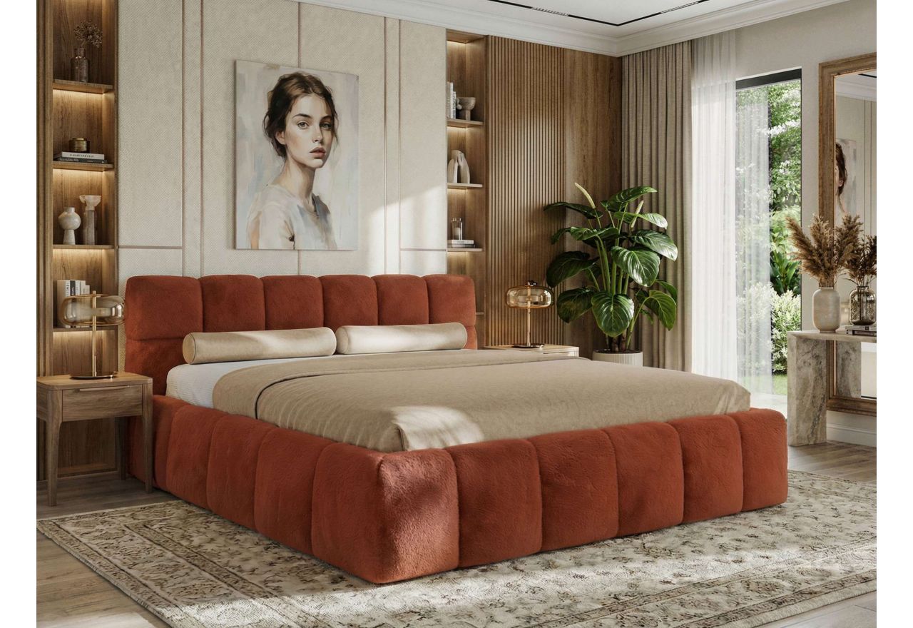 Łóżko tapicerowane NIRA CLASSIC 140x200 - materac piankowy - pomarańczowy, plusz