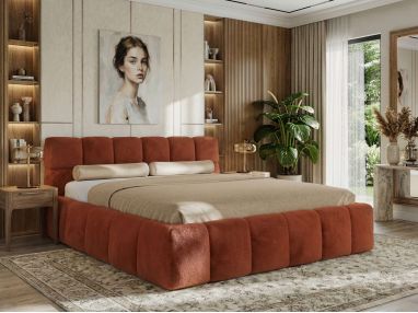 Łóżko tapicerowane NIRA CLASSIC 160x200 - materac multipocket - pomarańczowy, plusz