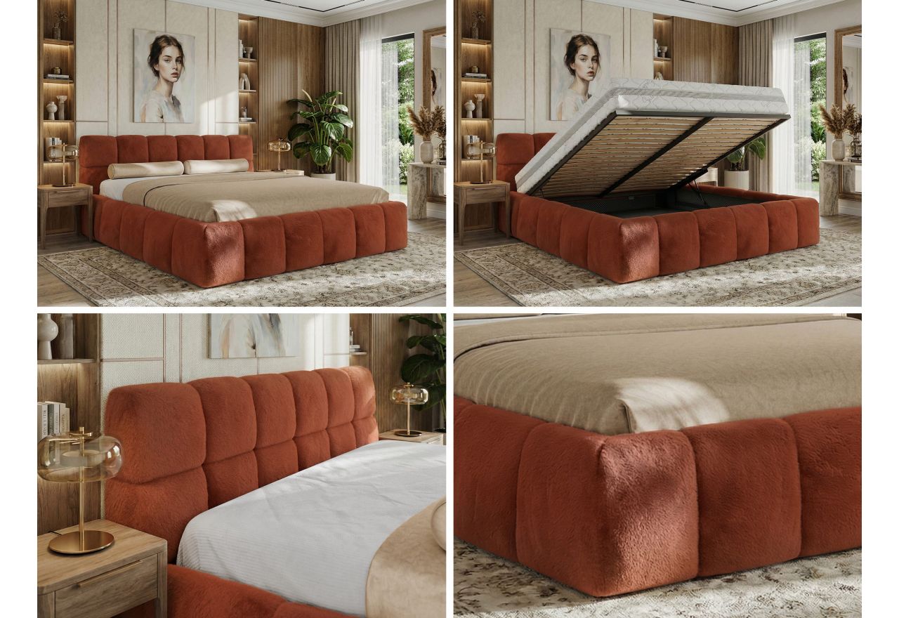 Łóżko tapicerowane NIRA CLASSIC 200x200 - materac multipocket - pomarańczowy, plusz