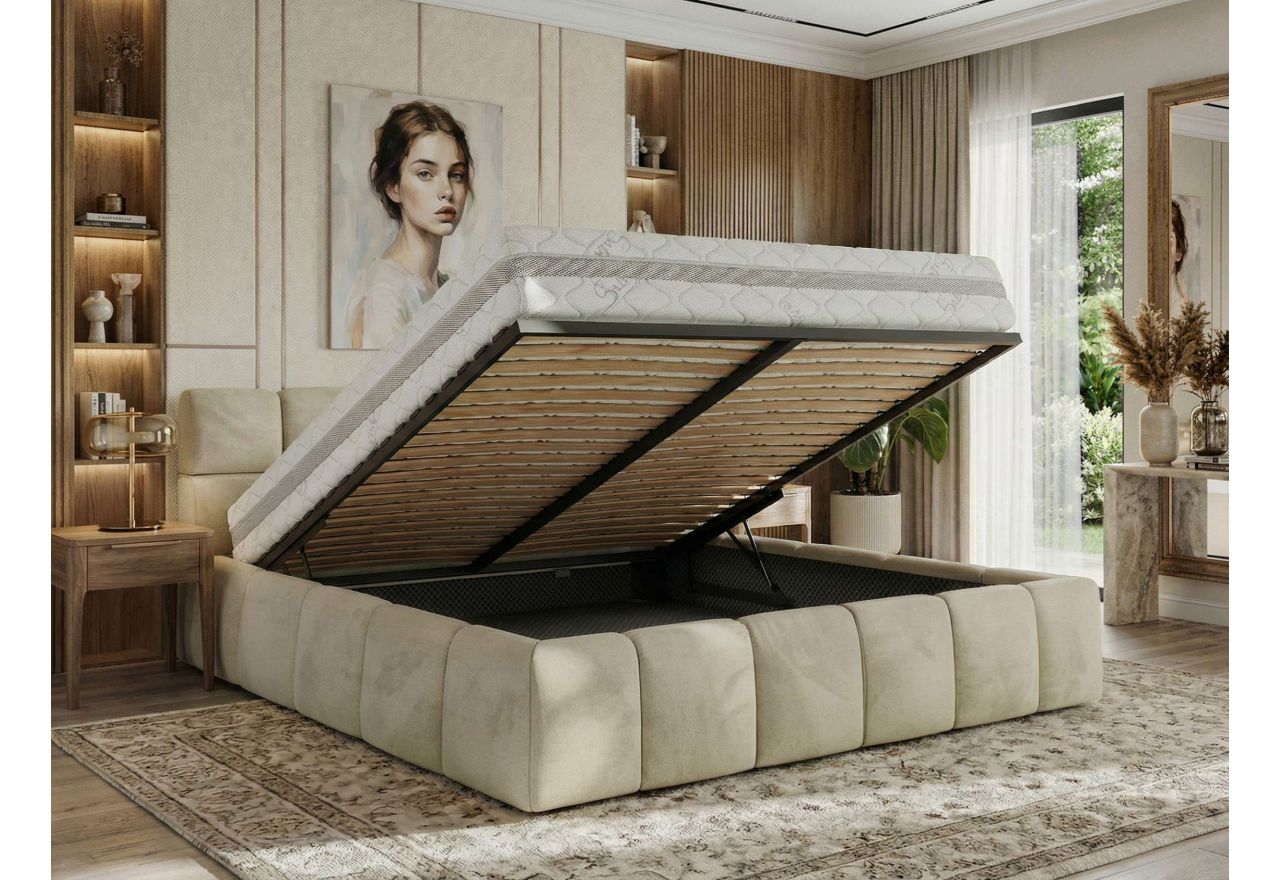 Łóżko tapicerowane NIRA CLASSIC 180x200 - materac multipocket - beżowy, welwet