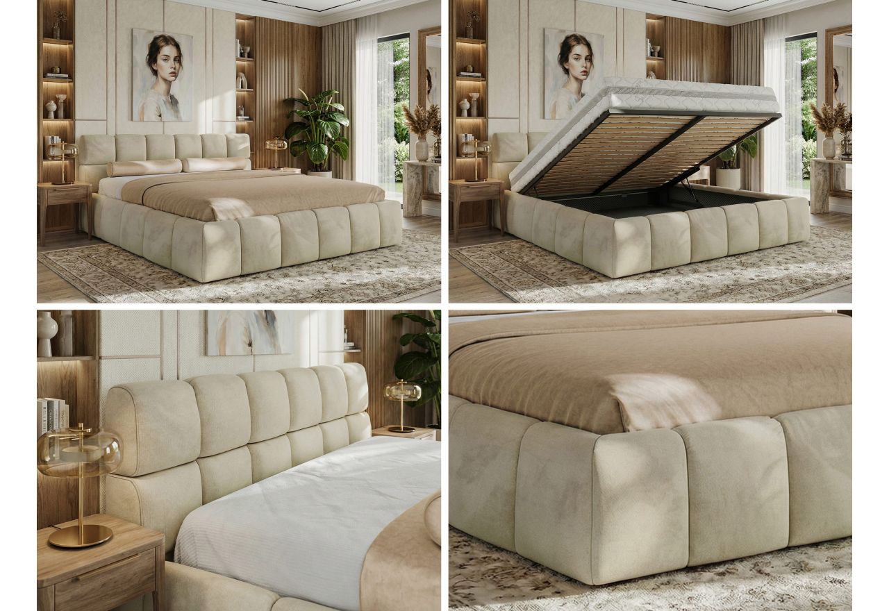 Łóżko tapicerowane NIRA CLASSIC 180x200 - materac multipocket - beżowy, welwet