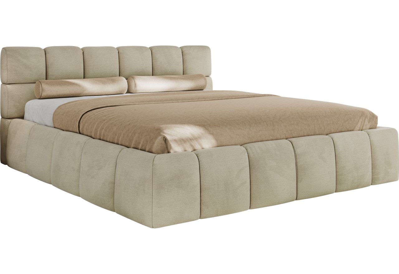 Łóżko tapicerowane NIRA CLASSIC 200x200 - materac multipocket - beżowy, welwet