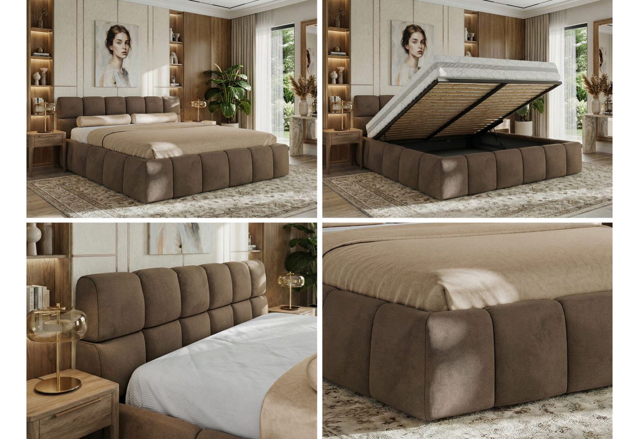 Łóżko tapicerowane NIRA CLASSIC 140x200 - materac multipocket - brązowy, welwet