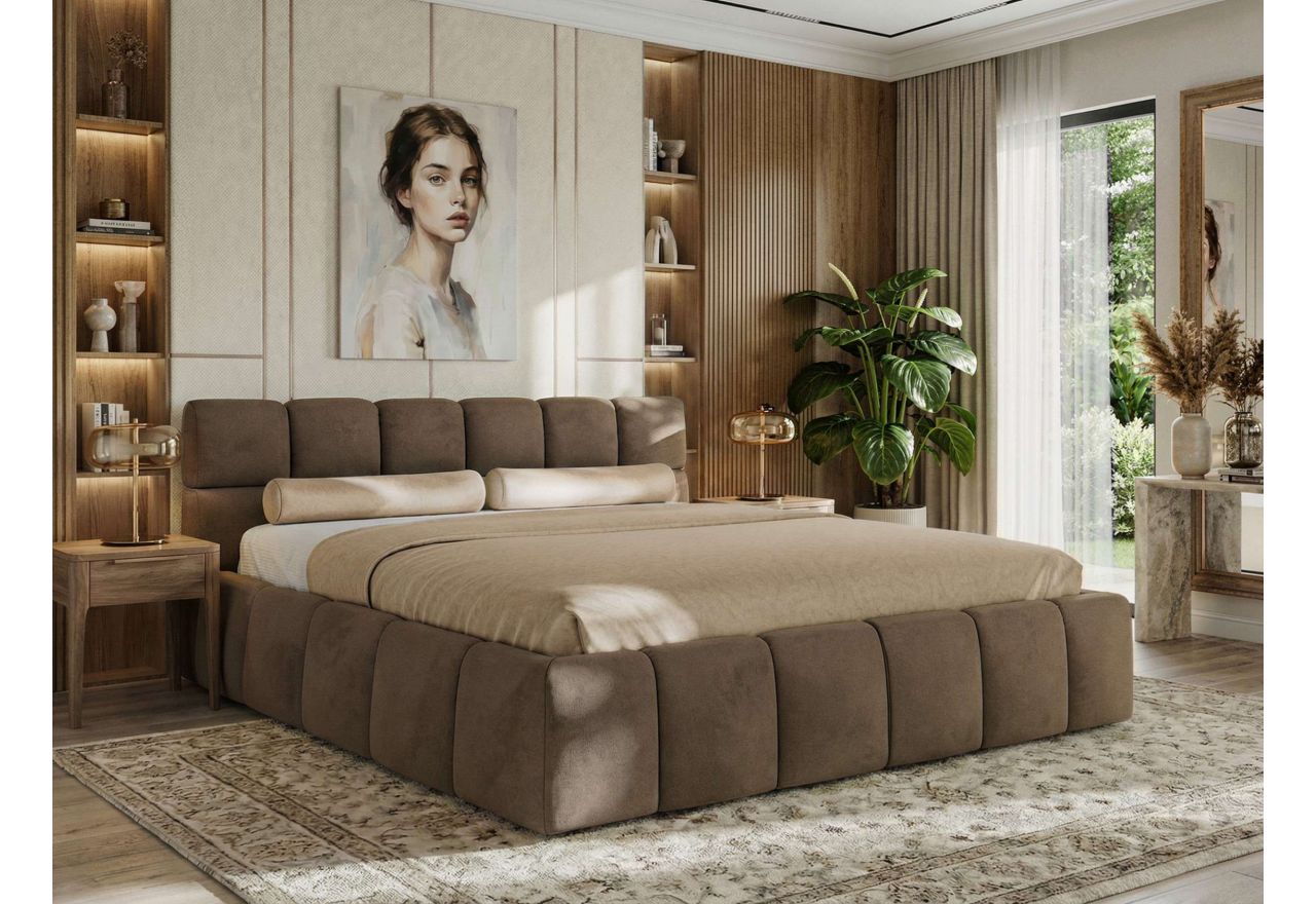 Łóżko tapicerowane NIRA CLASSIC 200x200 - materac multipocket - brązowy, welwet