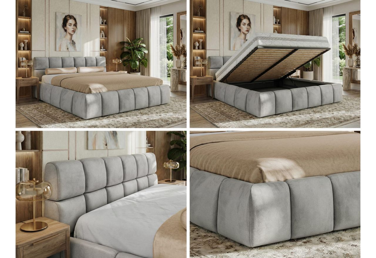 Łóżko tapicerowane NIRA CLASSIC 160x200 - materac pocket - jasnoszary, welwet