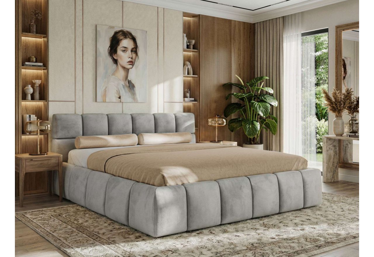 Łóżko tapicerowane NIRA CLASSIC 180x200 - materac multipocket - jasnoszary, welwet