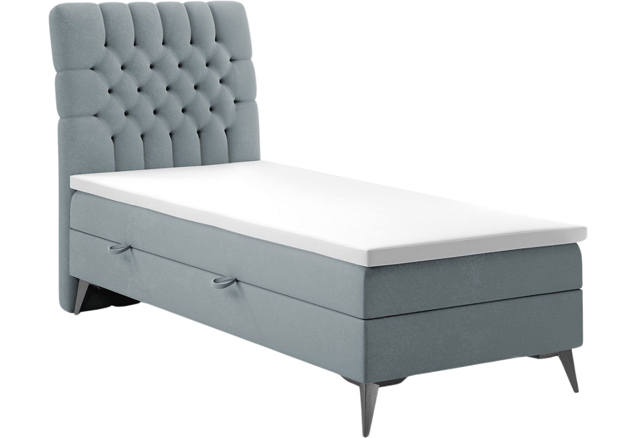 Szare łóżko kontynentalne z pikowaną tapicerką, MILEN 90x200 ze sprężynowym, wygodnym materacem