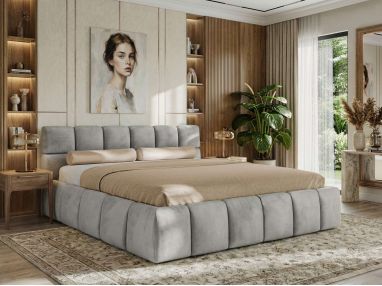 Łóżko tapicerowane NIRA CLASSIC 200x200 - materac multipocket - jasnoszary, welwet