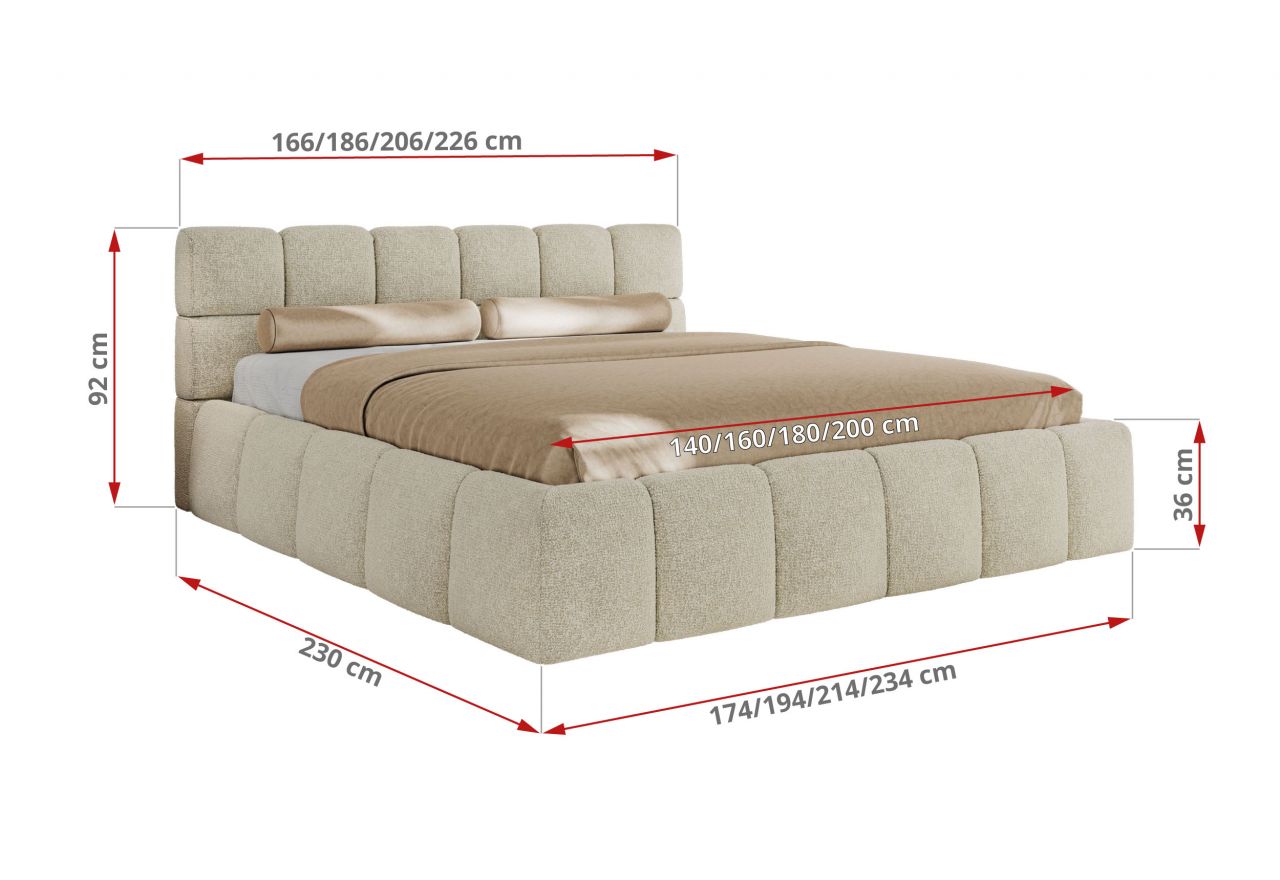 Łóżko tapicerowane NIRA CLASSIC 140x200 - materac pocket - kremowy, struktura