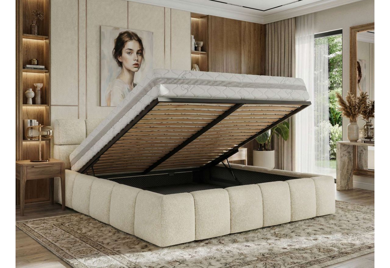 Łóżko tapicerowane NIRA CLASSIC 140x200 - materac pocket - kremowy, struktura