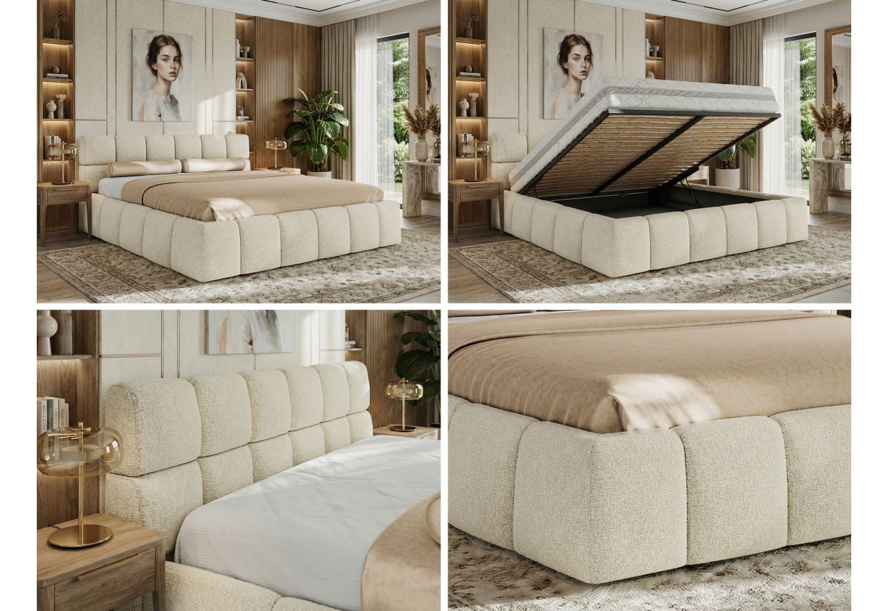 Łóżko tapicerowane NIRA CLASSIC 200x200 - materac multipocket - kremowy, struktura