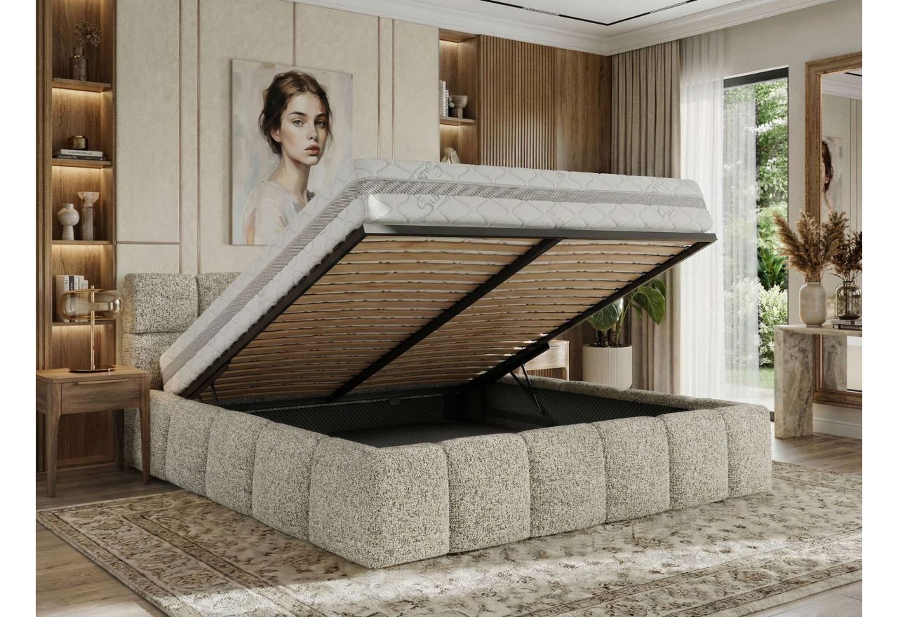 Łóżko tapicerowane NIRA CLASSIC 160x200 - materac pocket - beżowy, struktura