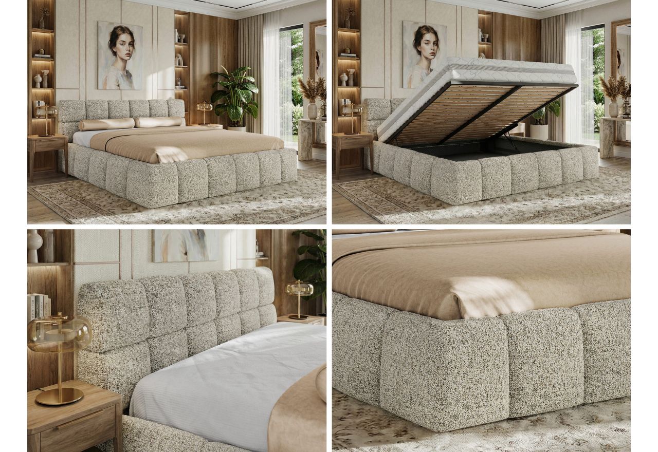 Łóżko tapicerowane NIRA CLASSIC 180x200 - materac multipocket - beżowy, struktura