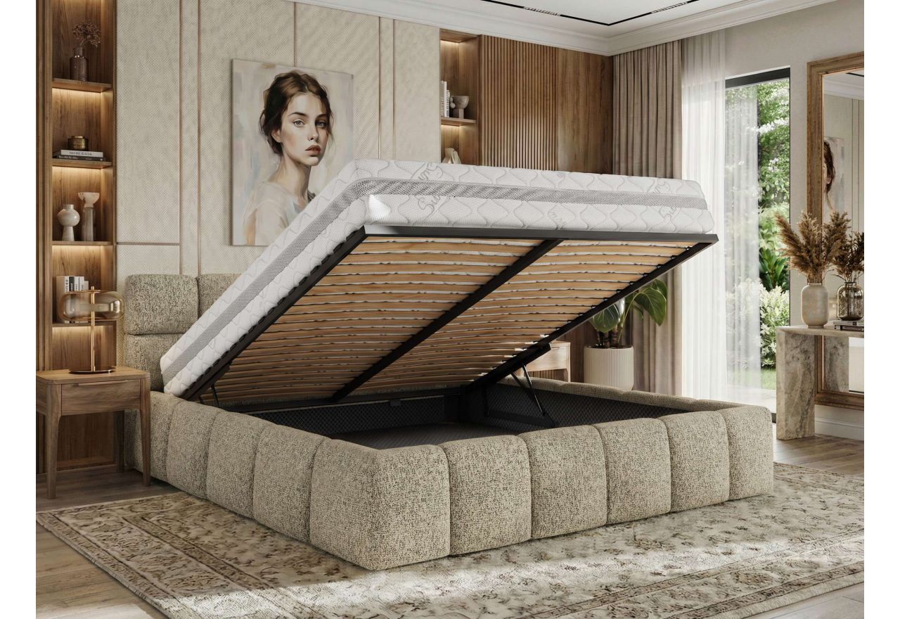 Łóżko tapicerowane NIRA CLASSIC 200x200 - materac pocket - ciemnobeżowy, struktura