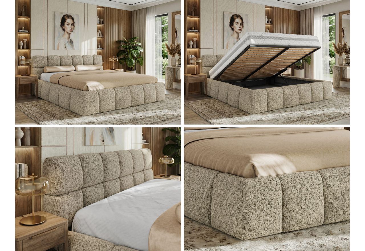Łóżko tapicerowane NIRA CLASSIC 160x200 - materac multipocket - ciemnobeżowy, struktura