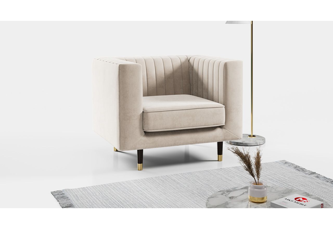 Modny i wygodny fotel tapicerowany na wysokich nóżkach - ELMO / Paros 01
