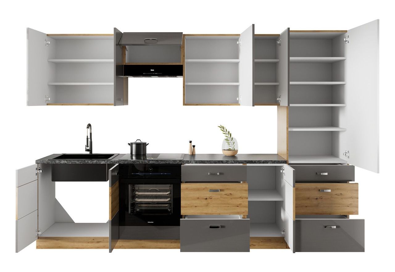 Stylowy zestaw mebli kuchennych z szafką okapową, meble modułowe ARCOS CAPPUCINO HG 300 cm - Dąb Artisan / Cappucino połysk