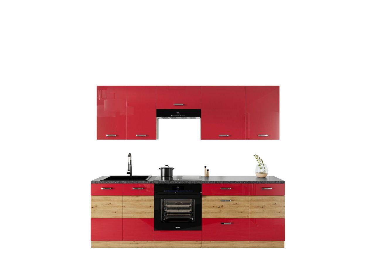 Modułowy zestaw mebli kuchennych w połysku ARCOS CZERWONY HG 245 cm - Dąb Artisan / Czerwony połysk