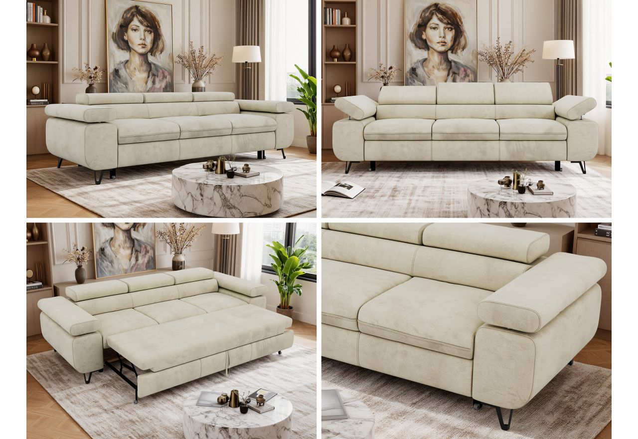 Sofa PETER 3 - funkcja spania - kremowy, welwet