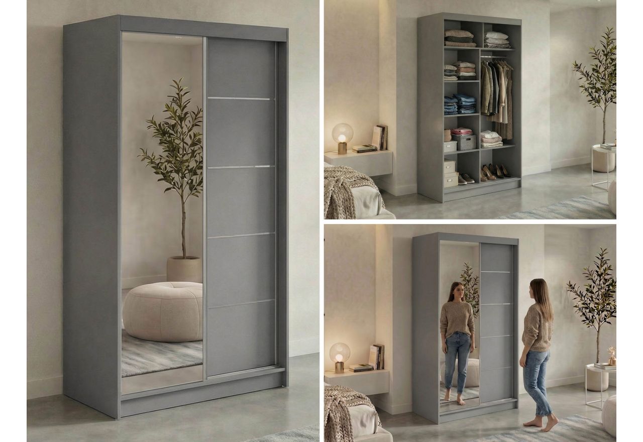 Szafa przesuwna SKORIA 120 cm - szary z lustrem