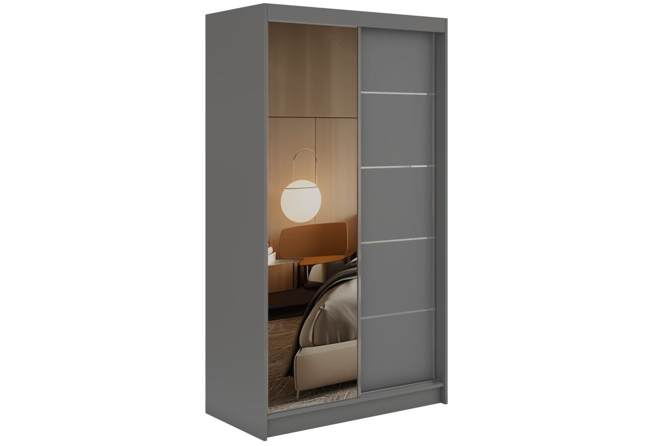 Szafa przesuwna SKORIA 120 cm - szary z lustrem + 2 szuflady