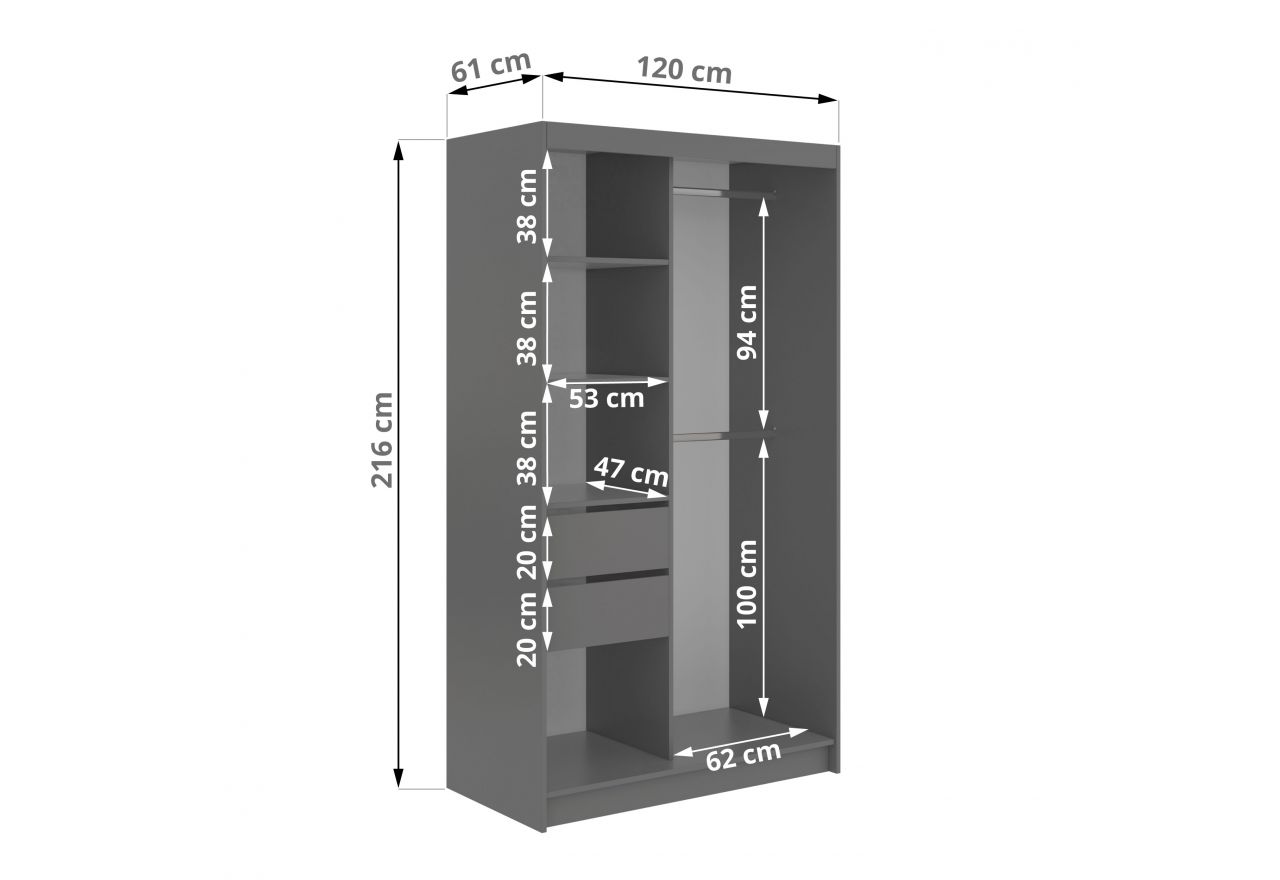 Szafa przesuwna SKORIA 120 cm - szary z lustrem + 2 szuflady