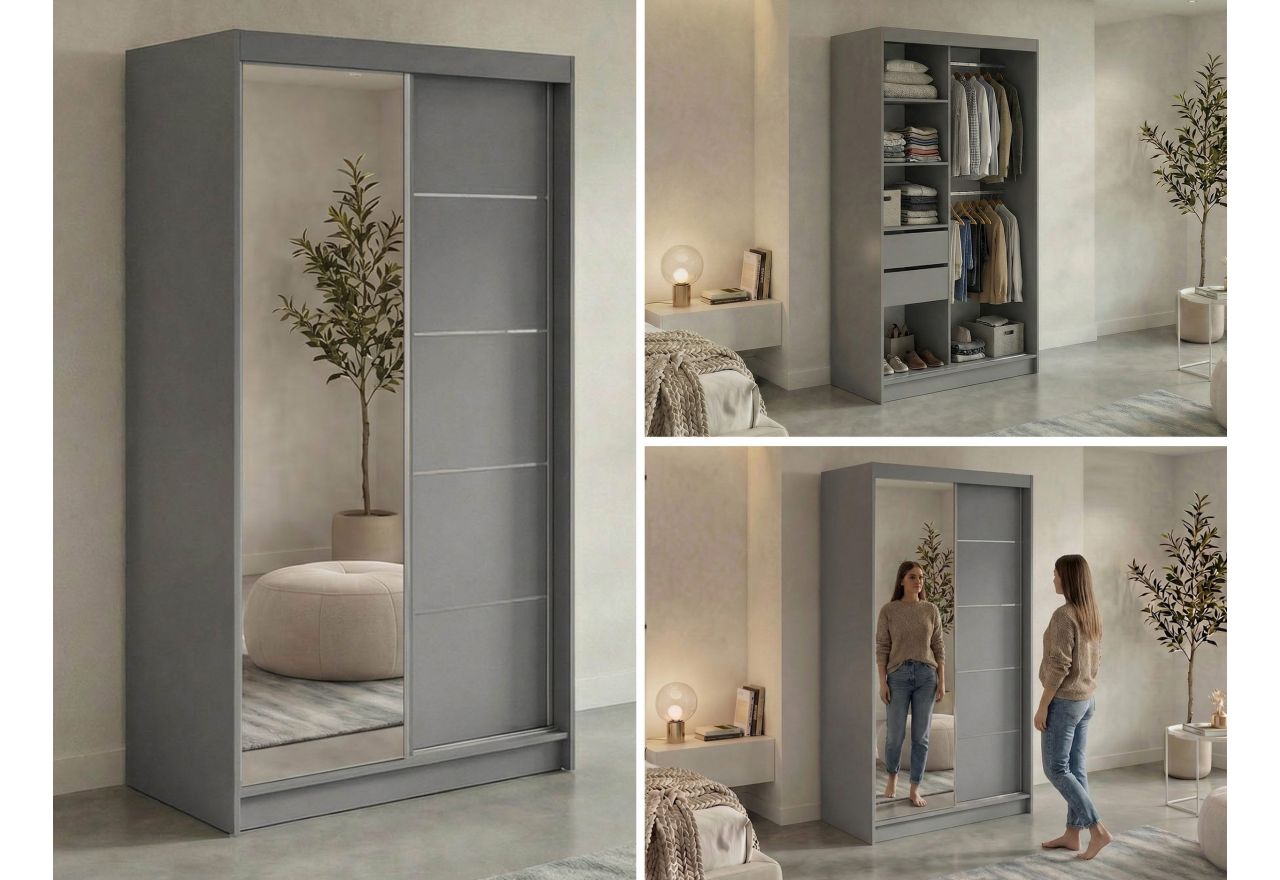 Szafa przesuwna SKORIA 120 cm - szary z lustrem + 2 szuflady