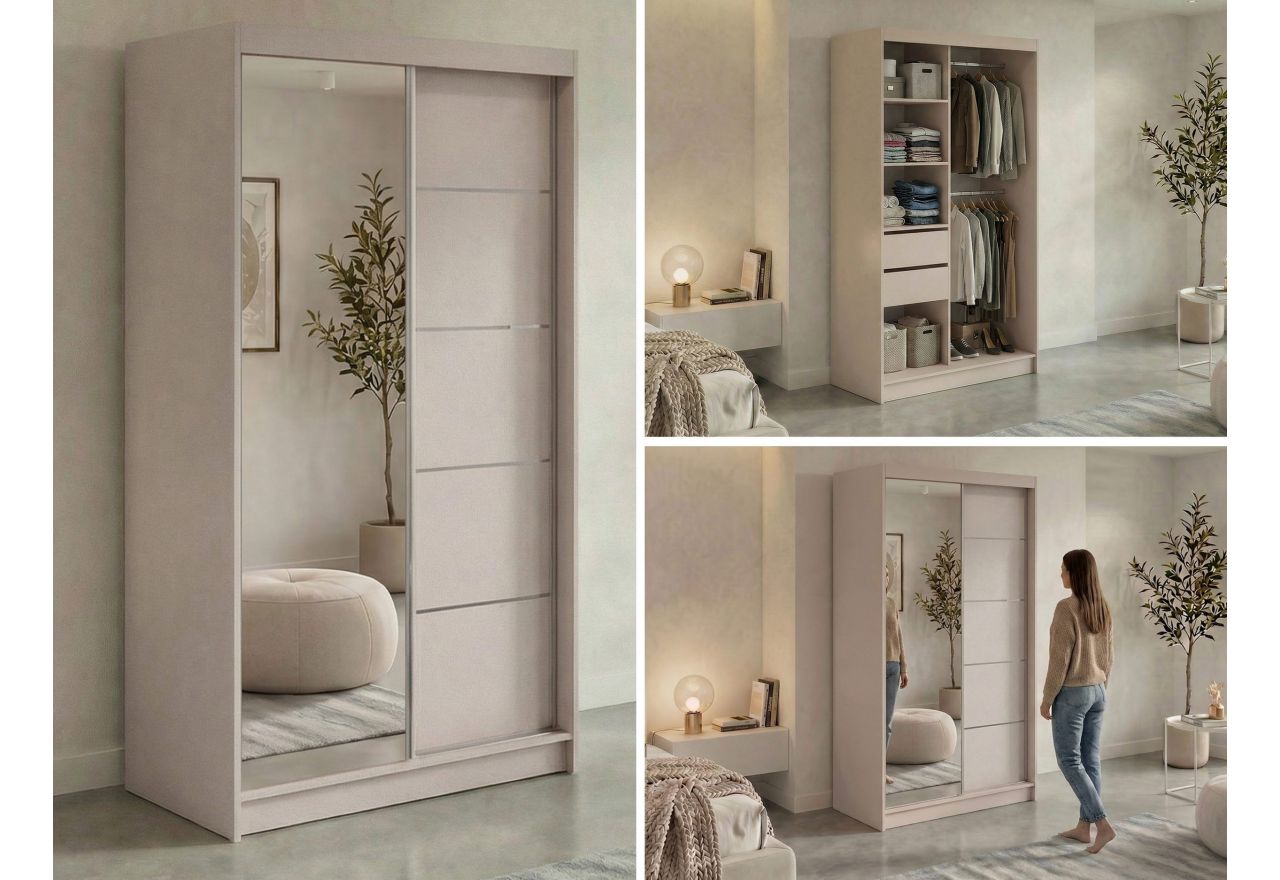 Szafa przesuwna SKORIA 120 cm - kaszmir z lustrem + 2 szuflady