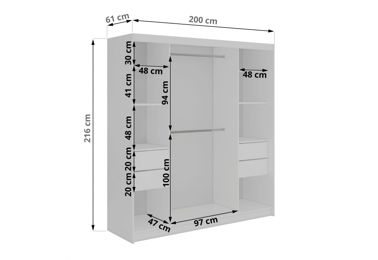 Szafa przesuwna SKORIA 200 cm - biały z lustrem + 4 szuflady