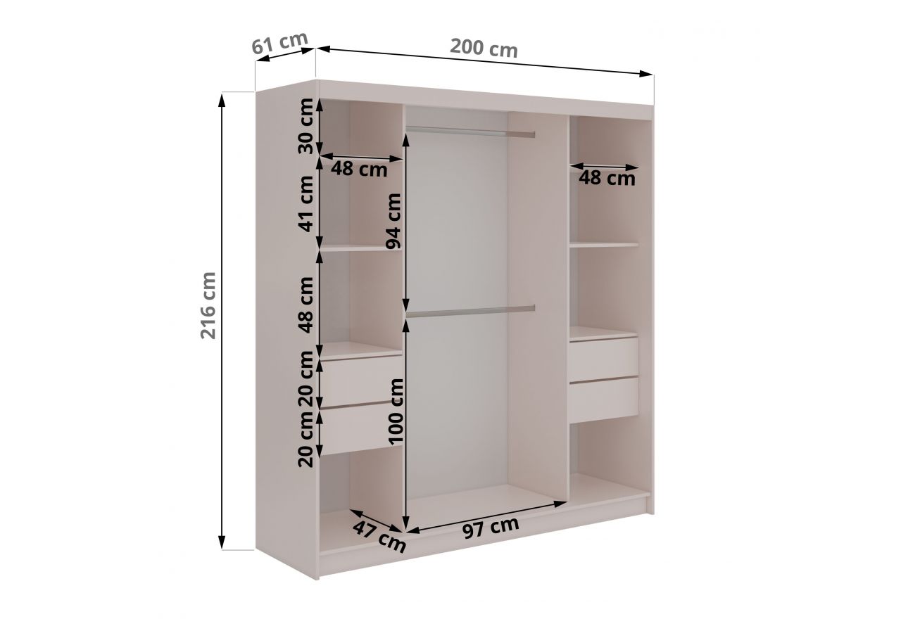 Szafa przesuwna SKORIA 200 cm - kaszmir z lustrem + 4 szuflady