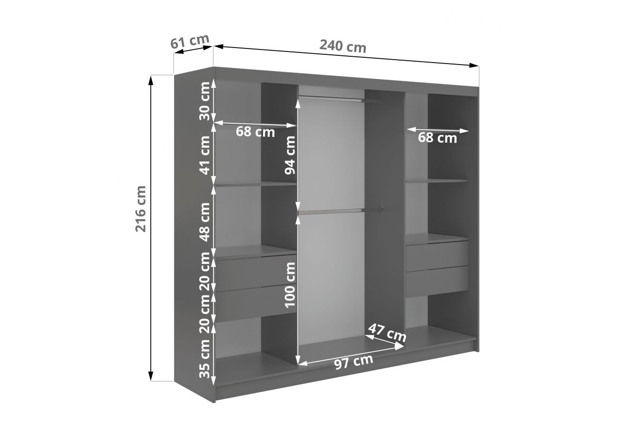 Szafa przesuwna SKORIA 240 cm - szary z lustrem + 4 szuflady