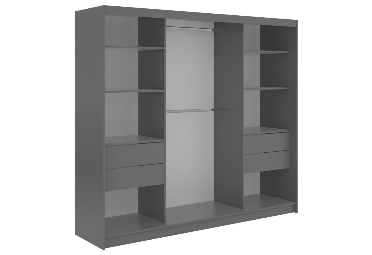 Szafa przesuwna SKORIA 240 cm - szary z lustrem + 4 szuflady