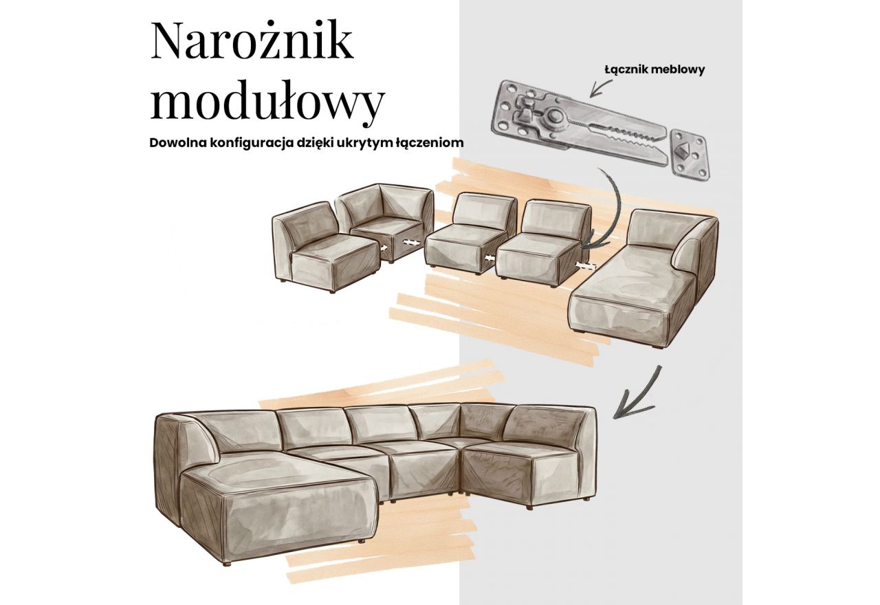 Narożnik NOARA 5M L  - strona prawa - ciemnoszary, welwet
