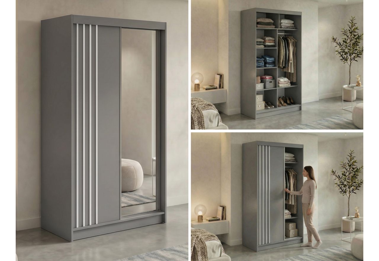 Szafa przesuwna DIANA 120 cm - szary, lamele białe, lustro