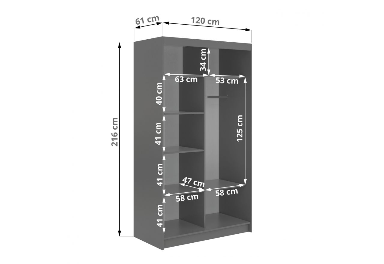 Szafa przesuwna DIANA 120 cm - szary, lamele białe, lustro