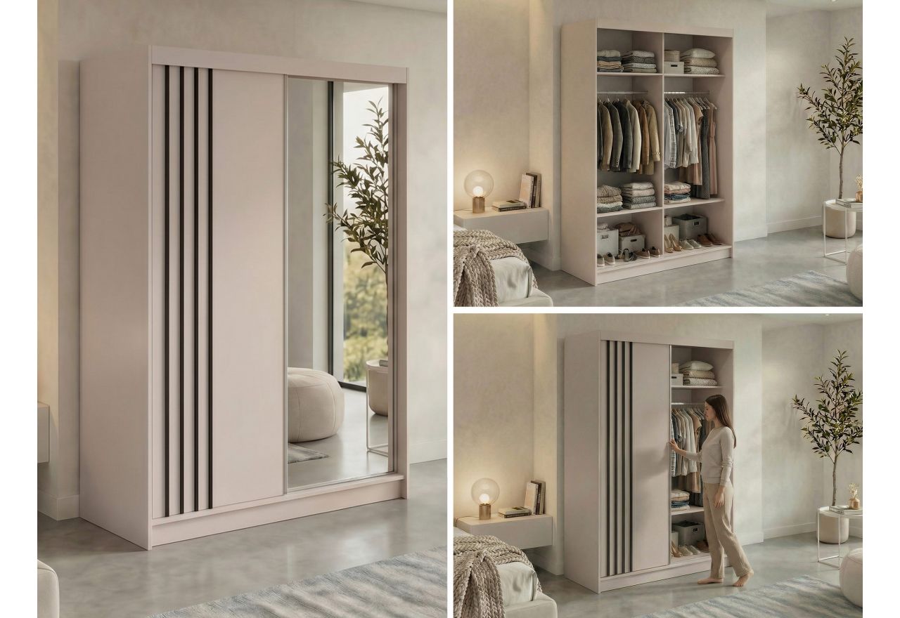 Szafa przesuwna DIANA 150 cm - kaszmir, lamele czarne, lustro