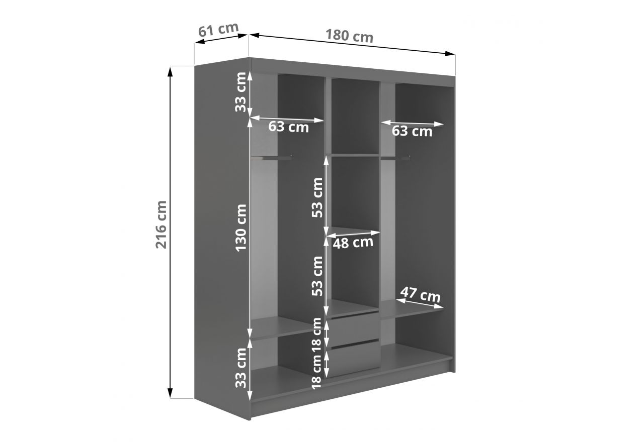 Szafa przesuwna DIANA 180 cm - szary, lamele białe, lustro + 2 szuflady