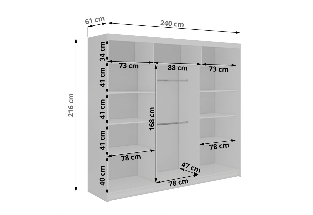 Szafa przesuwna DIANA 240 cm - biały, lamele dąb aristan, lustro