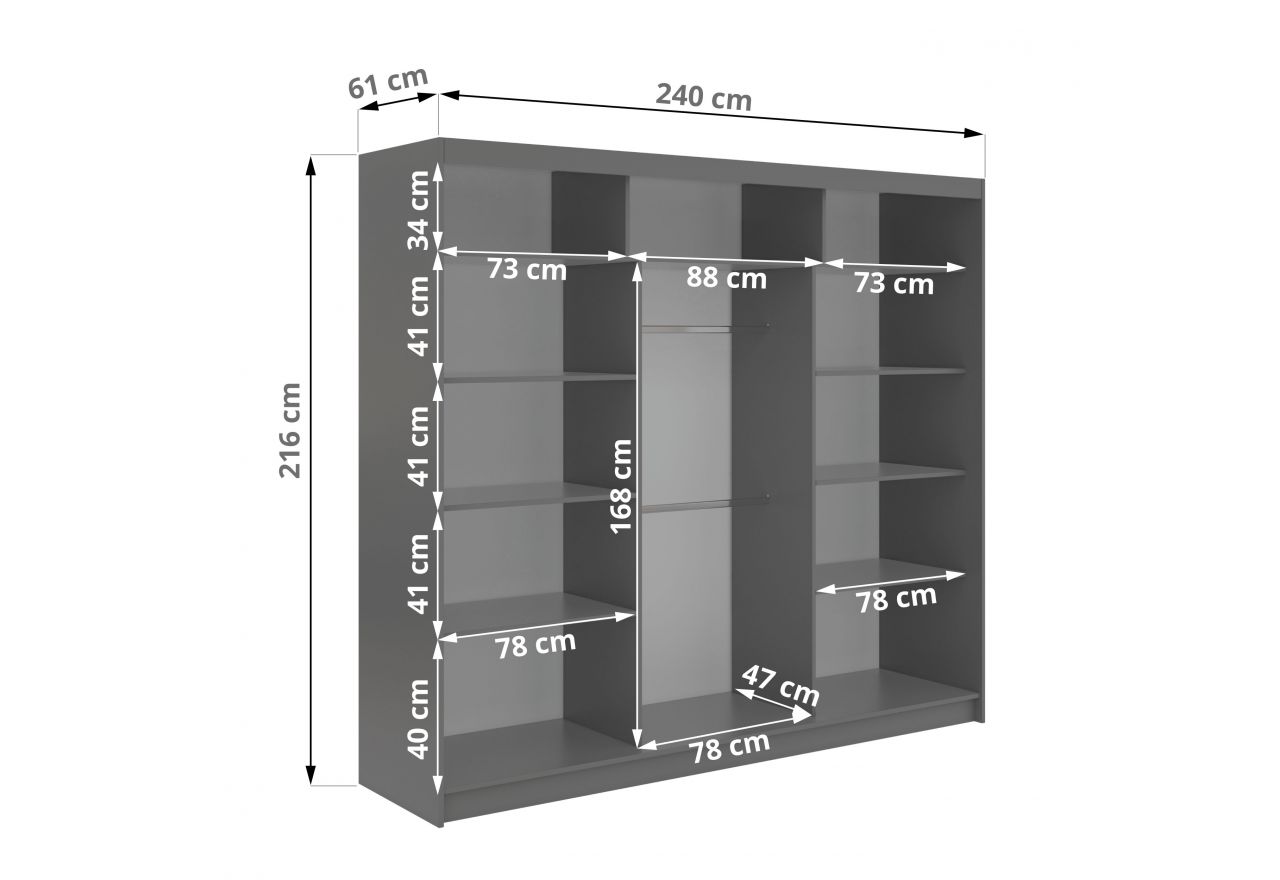 Szafa przesuwna DIANA 240 cm - szary, lamele białe, lustro