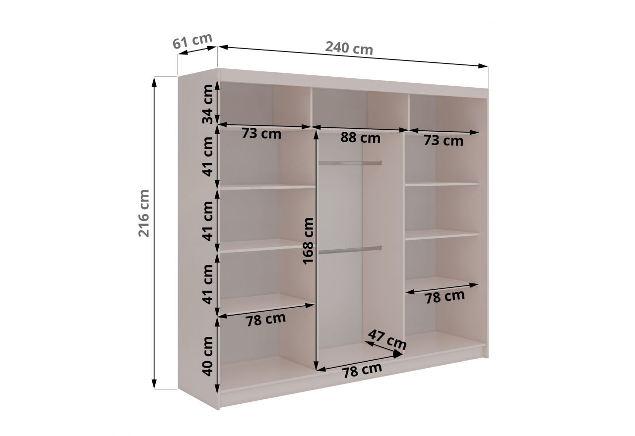 Szafa przesuwna DIANA 240 cm - kaszmir, lamele czarne, lustro