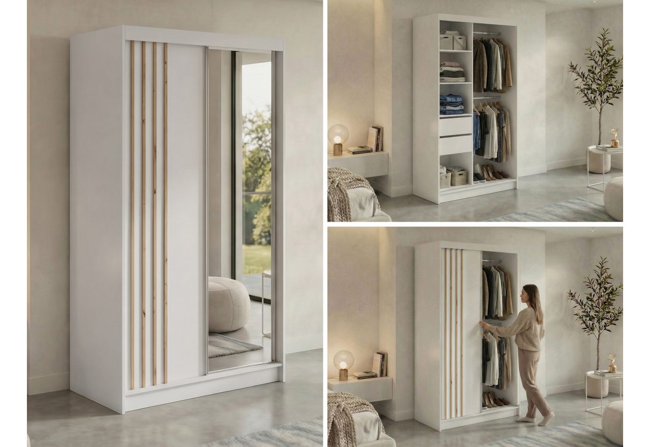 Szafa przesuwna DIANA 120 cm - biały, lamele dąb aristan, lustro + 2 szuflady