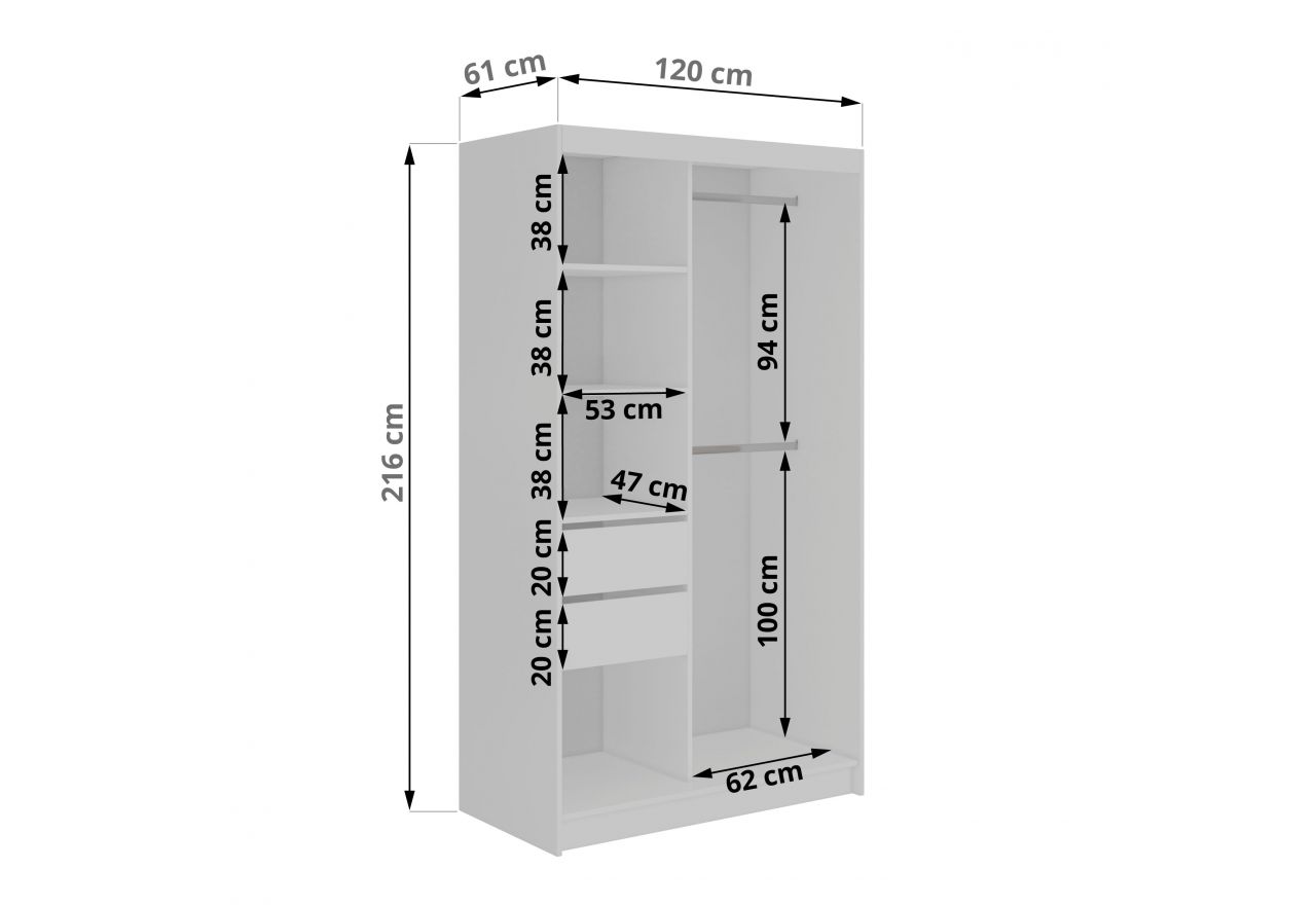 Szafa przesuwna DIANA 120 cm - biały, lamele dąb aristan, lustro + 2 szuflady