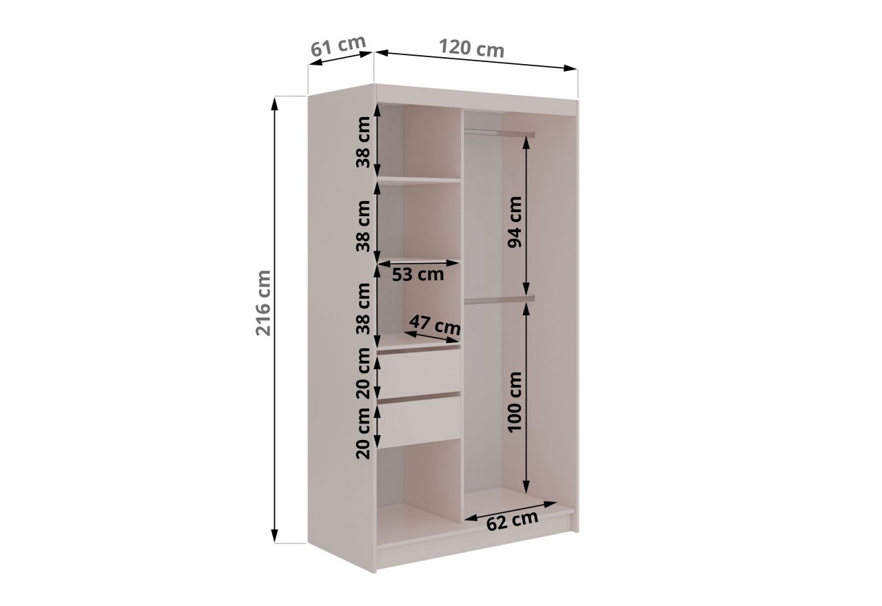 Szafa przesuwna DIANA 120 cm - kaszmir, lamele czarne, lustro + 2 szuflady
