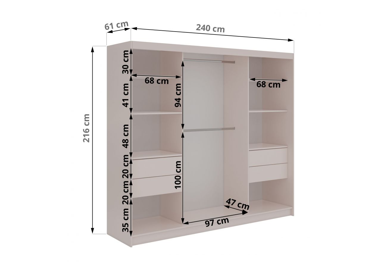 Szafa przesuwna DIANA 240 cm - kaszmir, lamele czarne, lustro + 4 szuflady