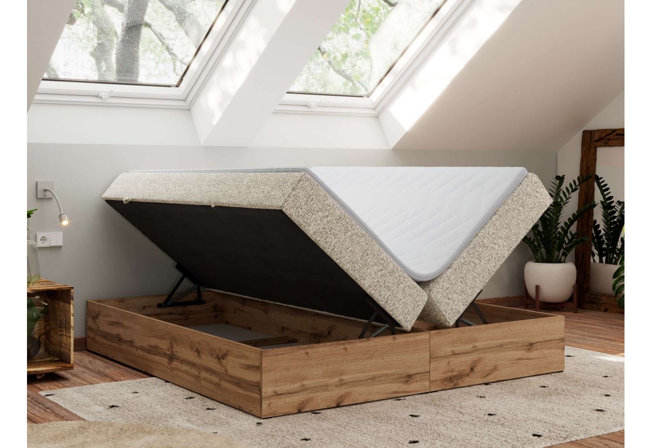 Łóżko kontynentalne - WOOD ZERO 200x200 - H4 - beżowy, struktura - topper T25